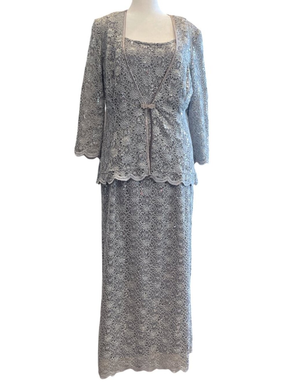 2 Piece Silver Lace and Sequin Sleeveless Maxi Dress with Jacket Size 10